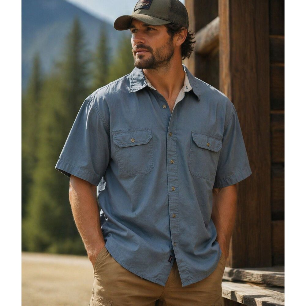 Wrangler Workwear Utility Shirt XL Blue Button Front Outdoor Hiking Camp
